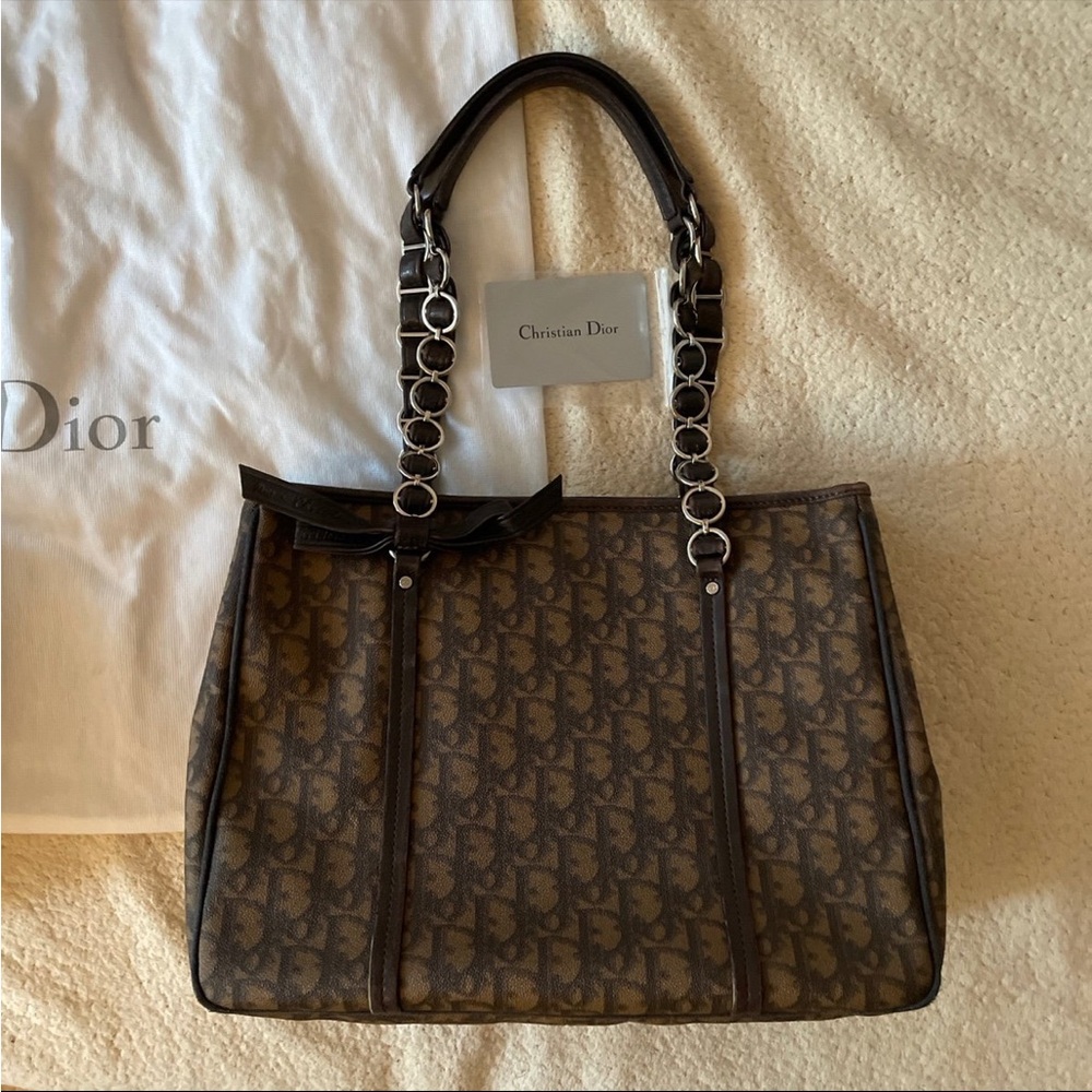 Auth vintage Christian Dior brown PVC ribbon shoulder bag
